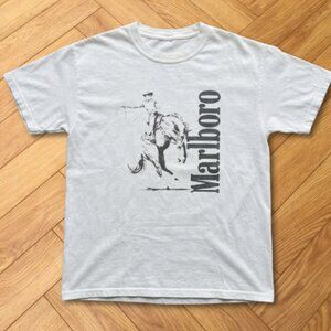 White Marlboro Cowboy Rodeo Graphic Tee Western Horse Rider Shirt